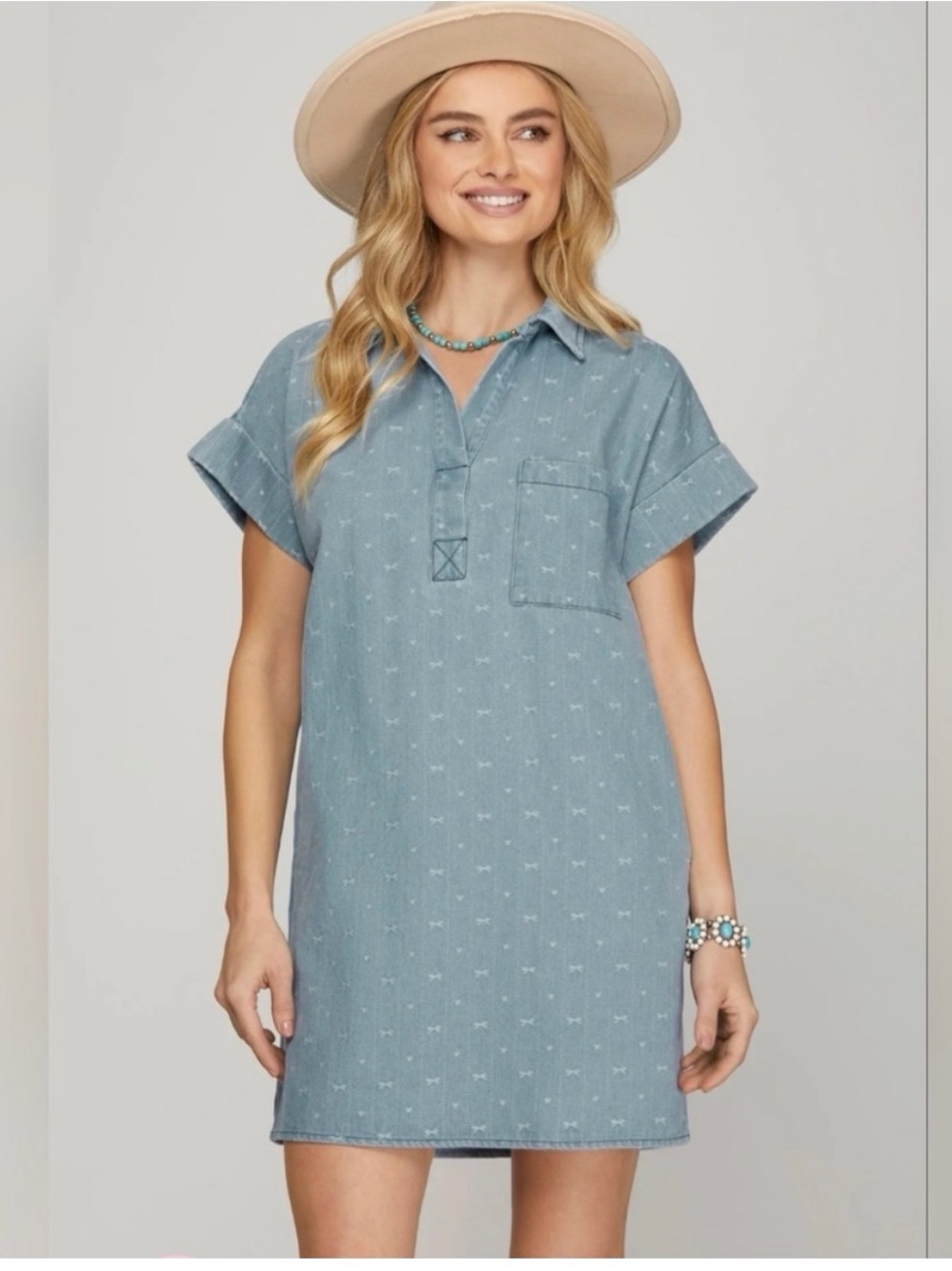 She + Sky Light Blue Bow Denim Dress